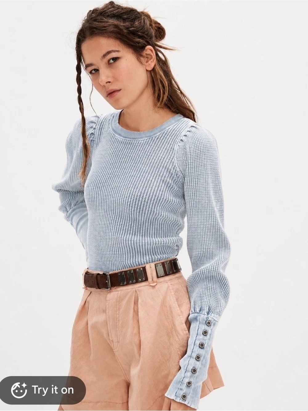 Free People One Wesley Thermal Top long sleeve Baby Blue Woman's XS